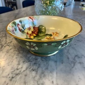T&V Limoges France large footed fruit bowl. Hand painted with English nasturtium
